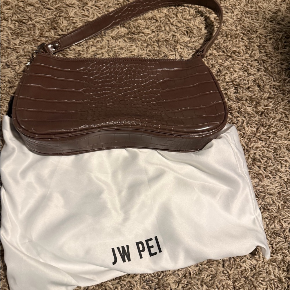JW PEI Chocolate Croc-Embossed Shoulder Bag
